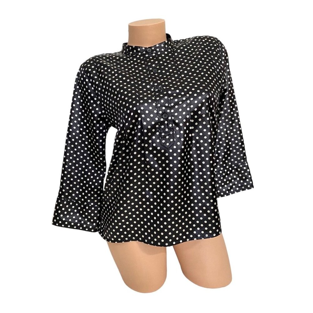 GAP Women's SMALL Black Polka-Dot Pull Over 3/4 Sleeve Blouse Shine Top EUC